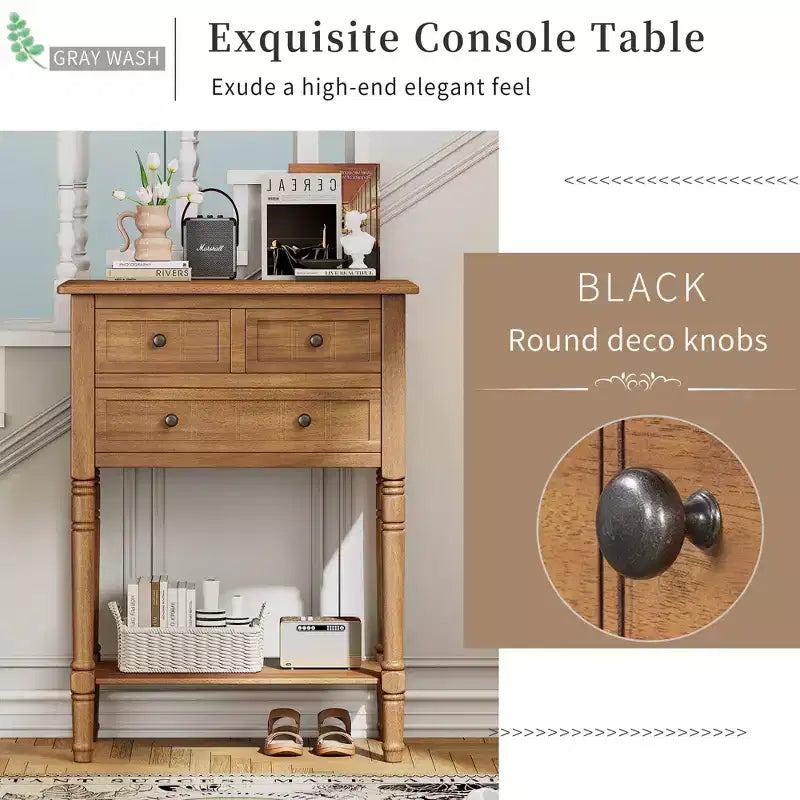 Console de style rétro en hévéa marron et MDF, avec 2 tiroirs et étagère inférieure, 1 personne