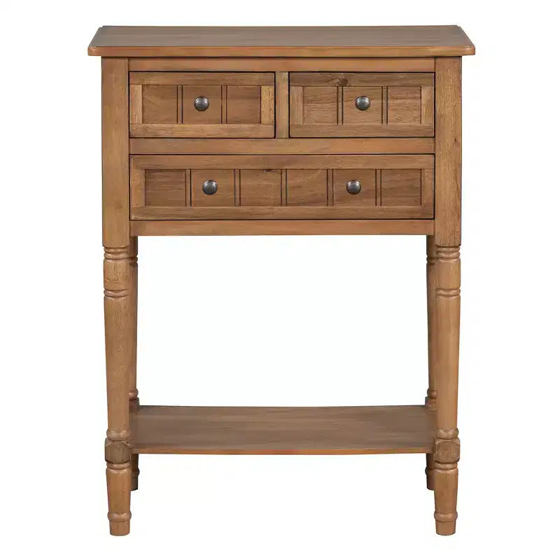 Console de style rétro en hévéa marron et MDF, avec 2 tiroirs et étagère inférieure, 1 personne