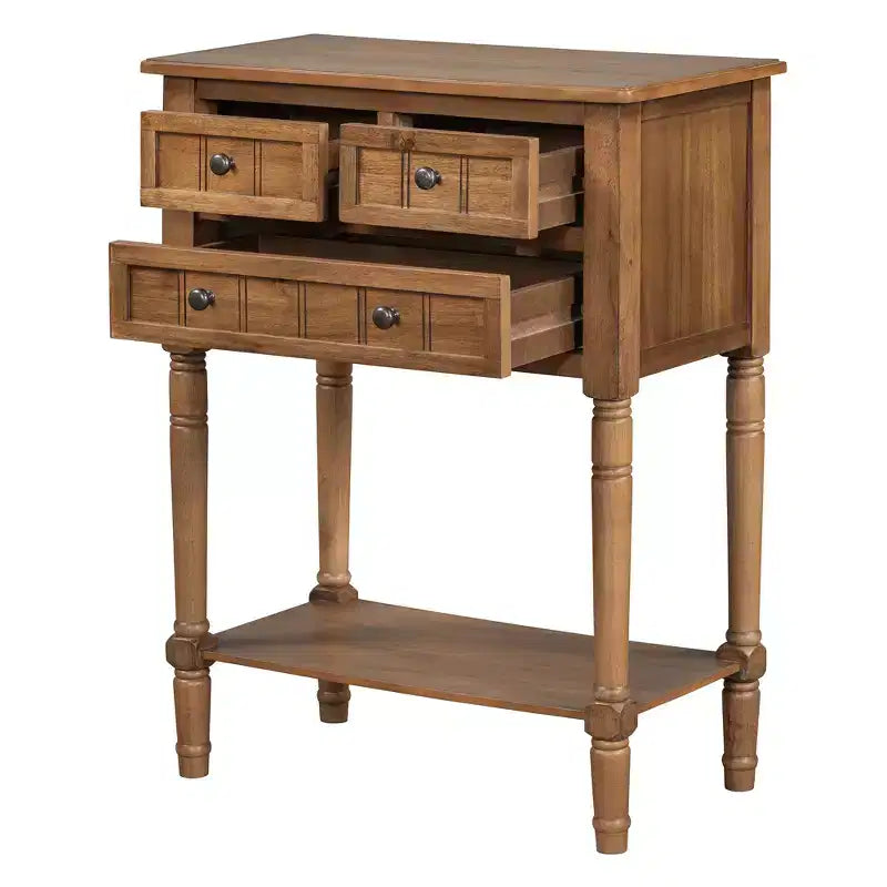 Console de style rétro en hévéa marron et MDF, avec 2 tiroirs et étagère inférieure, 1 personne