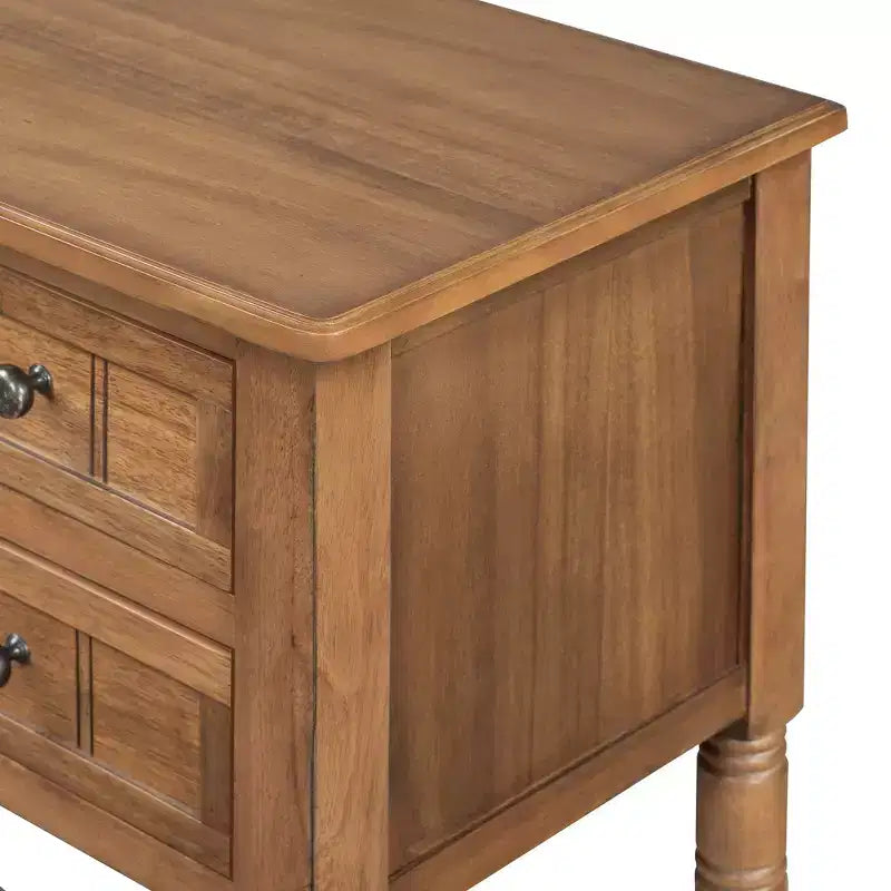 Console de style rétro en hévéa marron et MDF, avec 2 tiroirs et étagère inférieure, 1 personne