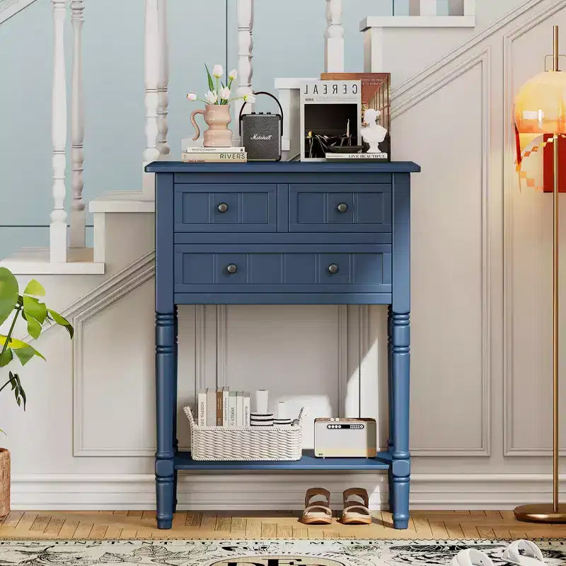 Console de style rétro en hévéa marron et MDF, avec 2 tiroirs et étagère inférieure, 1 personne