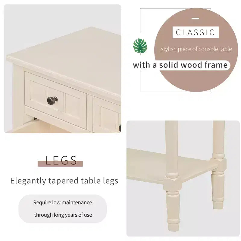 Console de style rétro en hévéa marron et MDF, avec 2 tiroirs et étagère inférieure, 1 personne
