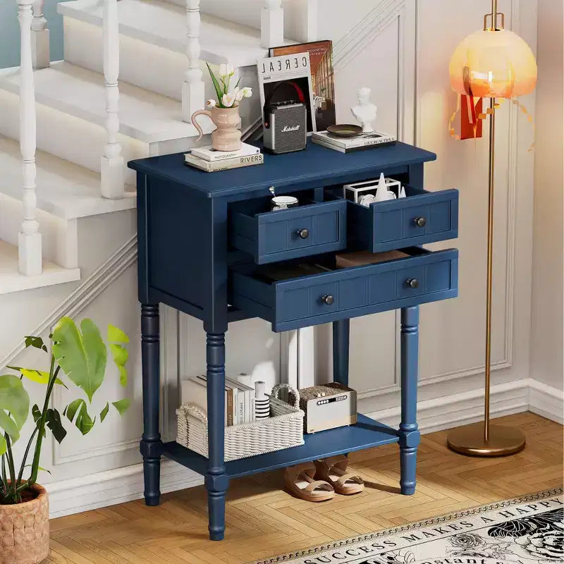 Console de style rétro en hévéa marron et MDF, avec 2 tiroirs et étagère inférieure, 1 personne