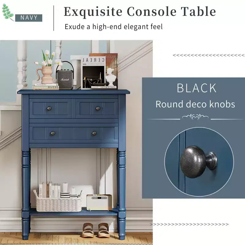 Console de style rétro en hévéa marron et MDF, avec 2 tiroirs et étagère inférieure, 1 personne