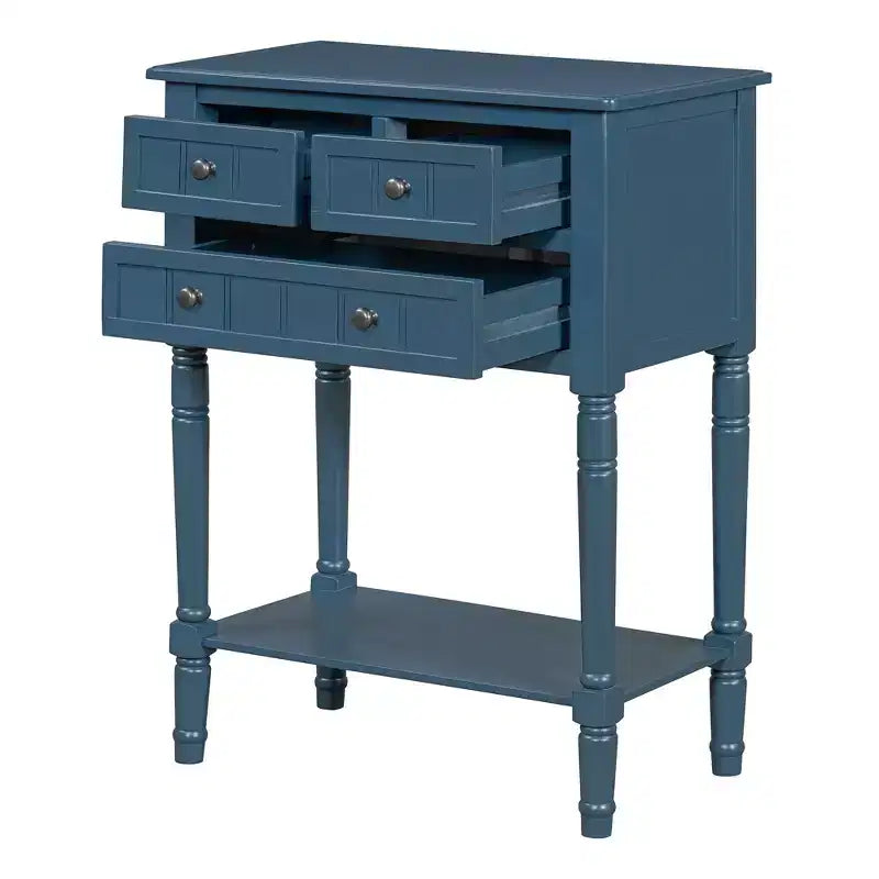 Console de style rétro en hévéa marron et MDF, avec 2 tiroirs et étagère inférieure, 1 personne