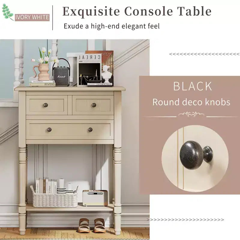 Console de style rétro en hévéa marron et MDF, avec 2 tiroirs et étagère inférieure, 1 personne