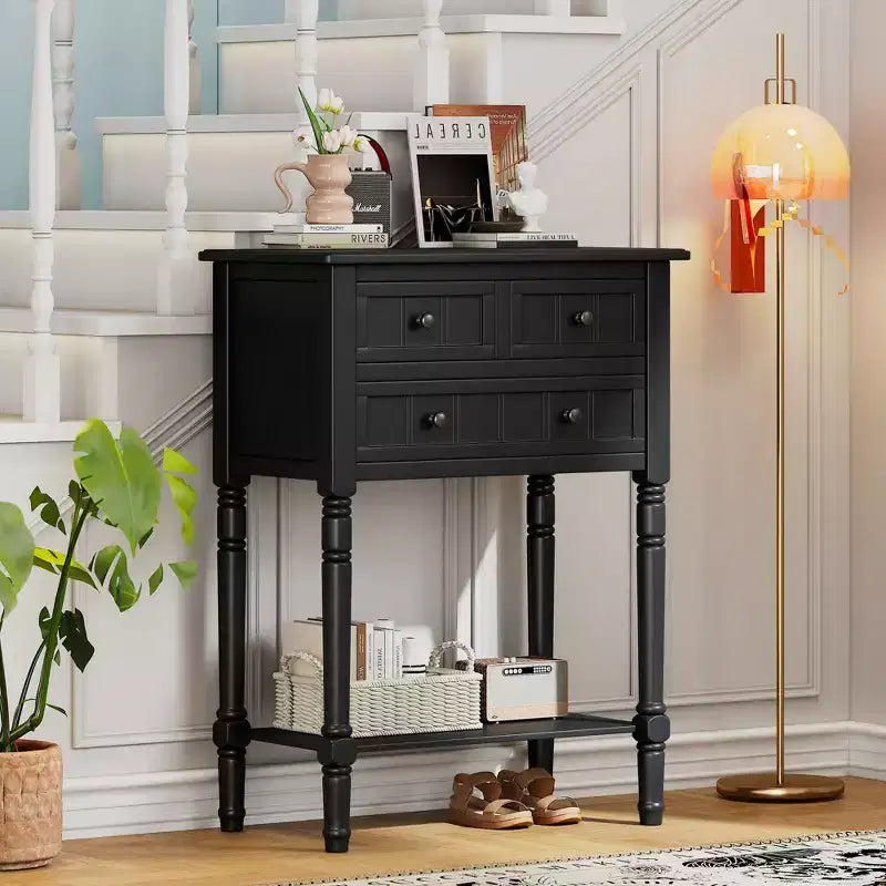Console de style rétro en hévéa marron et MDF, avec 2 tiroirs et étagère inférieure, 1 personne