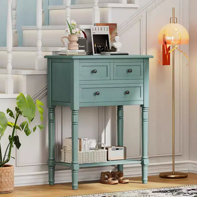 Console de style rétro en hévéa marron et MDF, avec 2 tiroirs et étagère inférieure, 1 personne