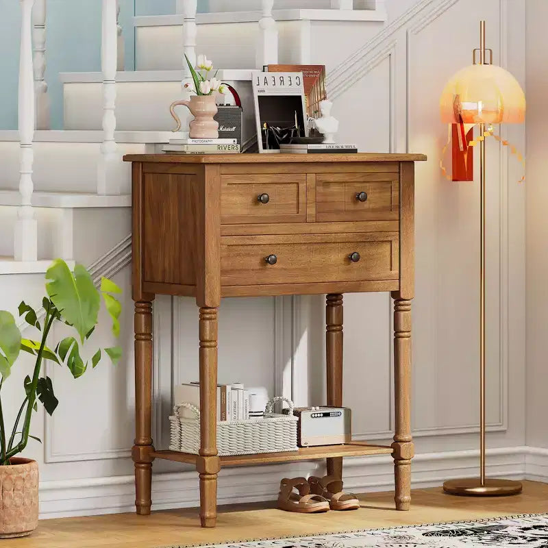 Console de style rétro en hévéa marron et MDF, avec 2 tiroirs et étagère inférieure, 1 personne