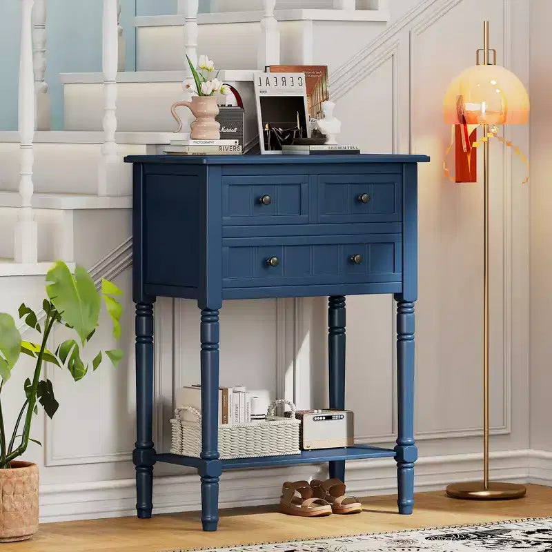 Console de style rétro en hévéa marron et MDF, avec 2 tiroirs et étagère inférieure, 1 personne