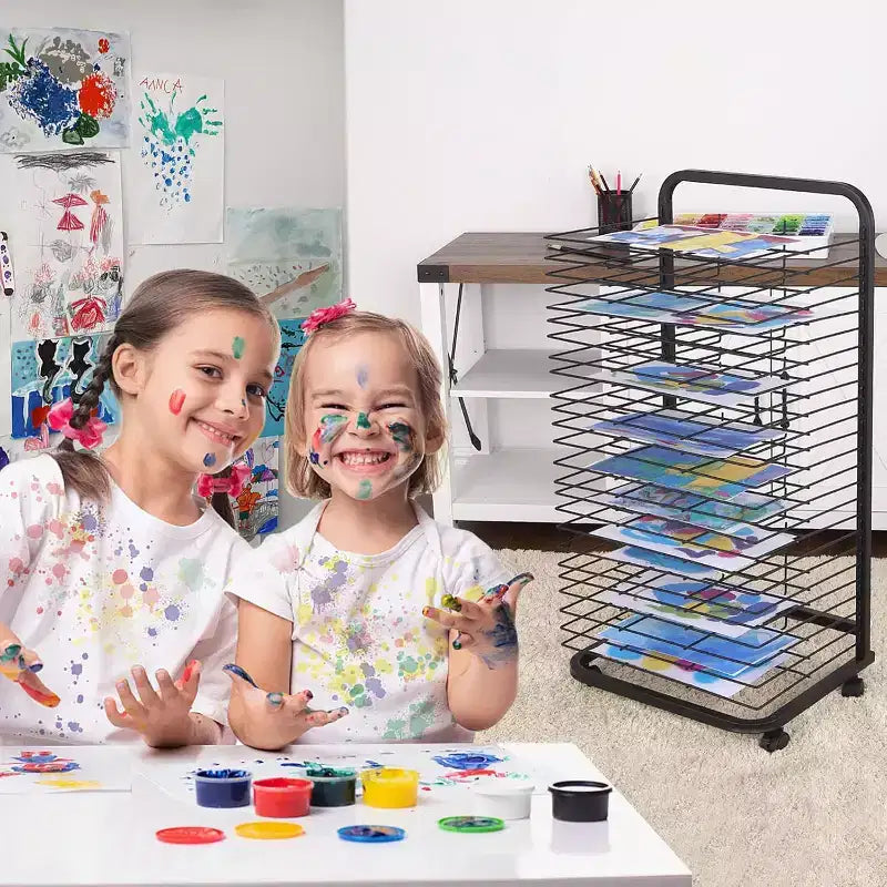 Séchoir mobile d'art en métal avec étagères amovibles et roulettes verrouillables