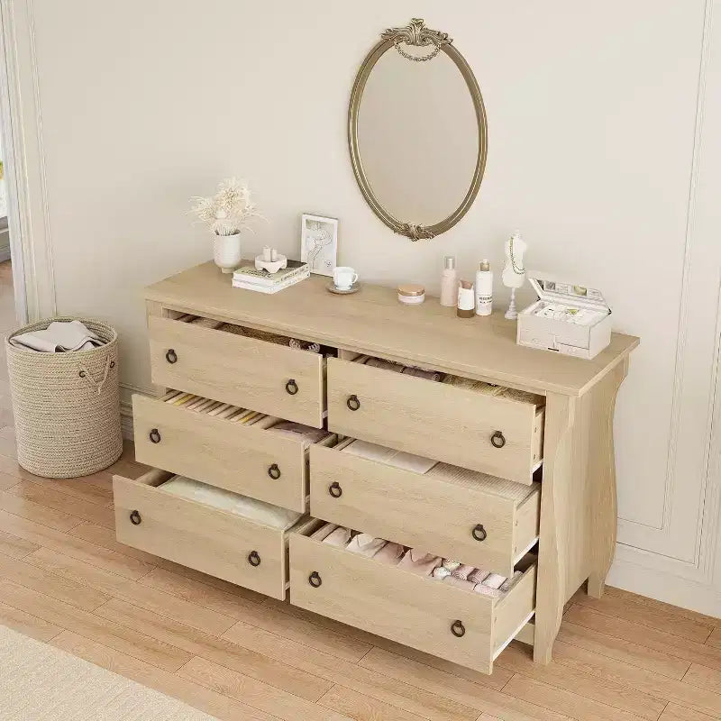 Commode à 6 tiroirs en bois blanc avec portes coulissantes, Large, 1 personne