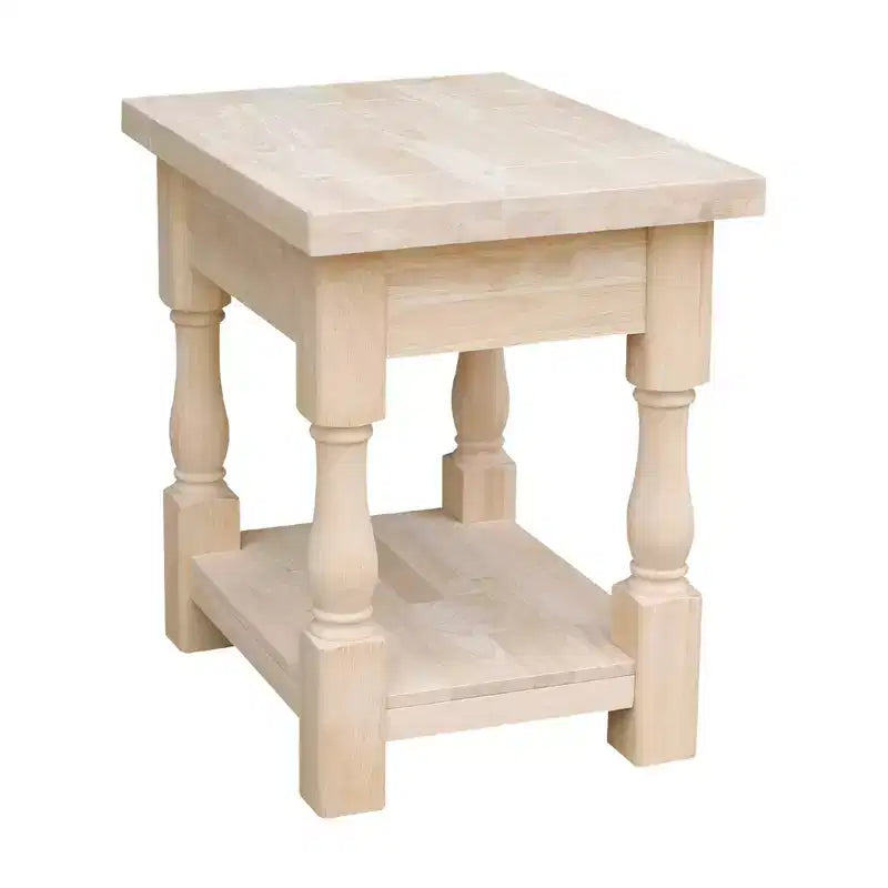 Table d'appoint carrée en bois dur non fini avec 1 étagère, 1 personne