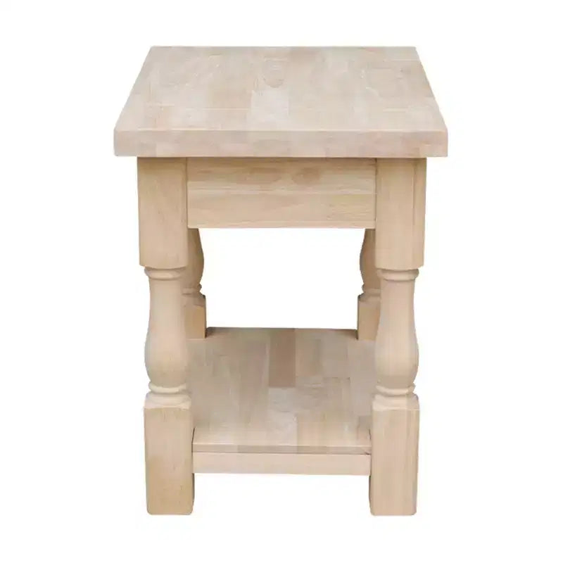 Table d'appoint carrée en bois dur non fini avec 1 étagère, 1 personne