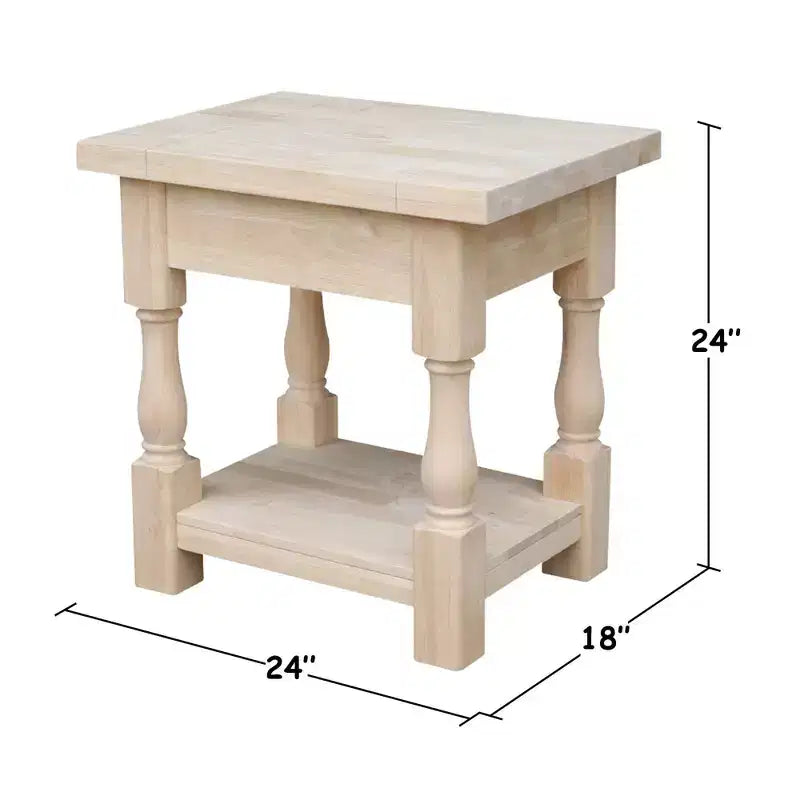 Table d'appoint carrée en bois dur non fini avec 1 étagère, 1 personne
