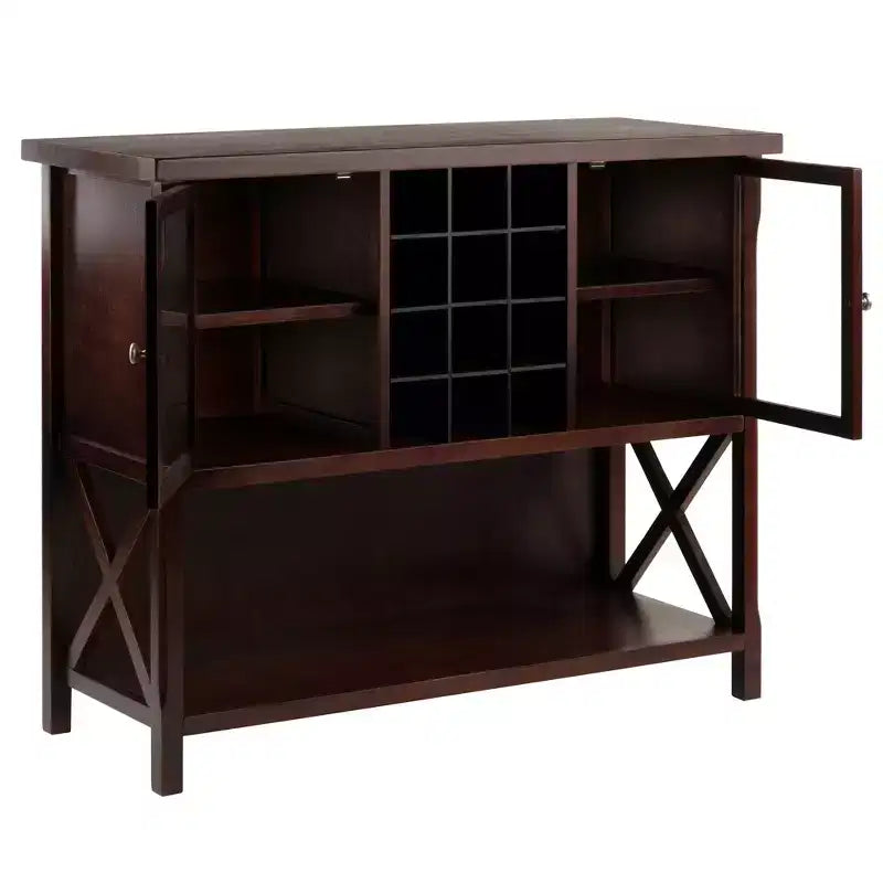 Buffet en bois dur Cappuccino avec casier à vin et portes vitrées, 1 personne