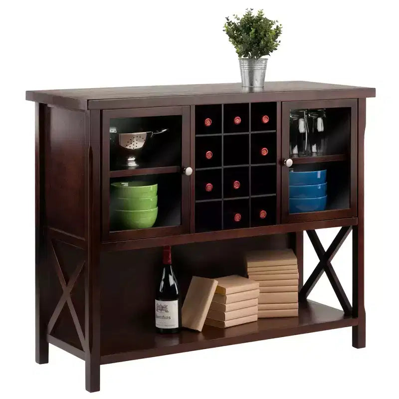 Buffet en bois dur Cappuccino avec casier à vin et portes vitrées, 1 personne