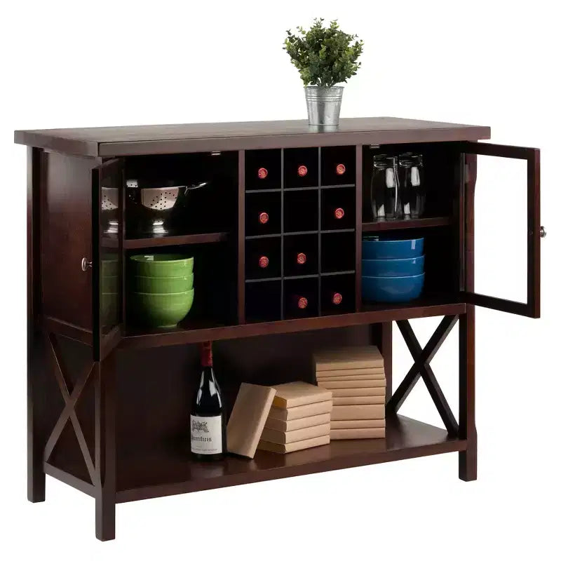 Buffet en bois dur Cappuccino avec casier à vin et portes vitrées, 1 personne