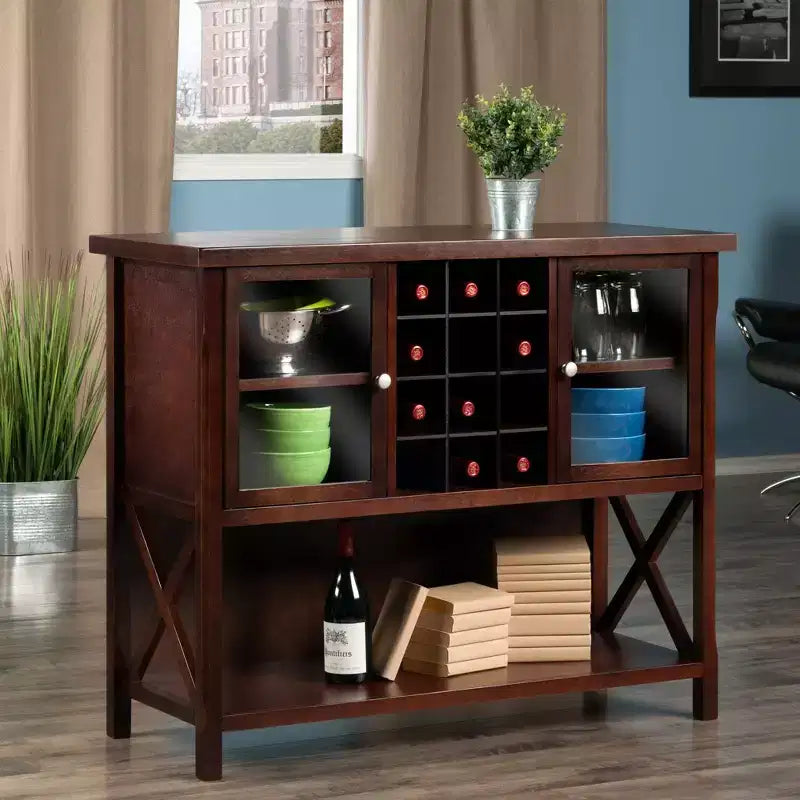 Buffet en bois dur Cappuccino avec casier à vin et portes vitrées, 1 personne