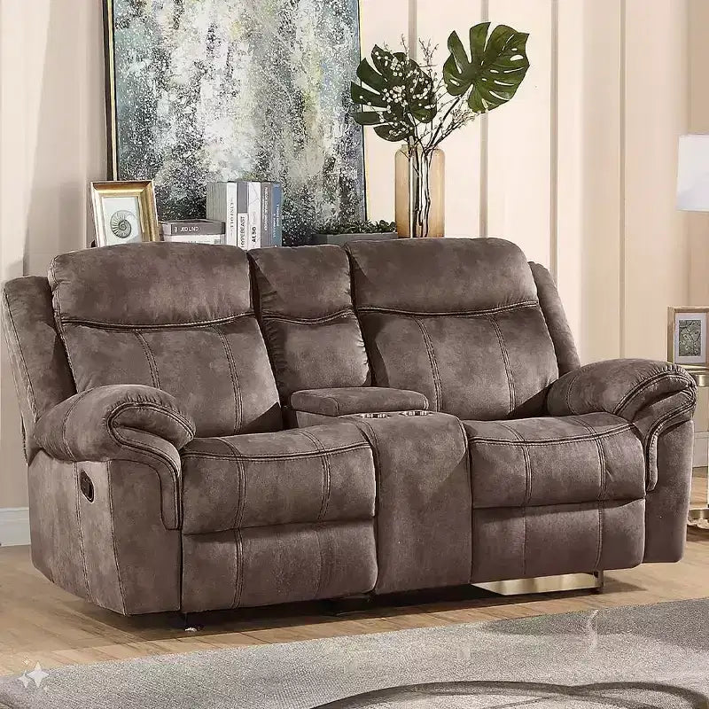 Causeuse inclinable en velours bicolore chocolat avec console, 2 places