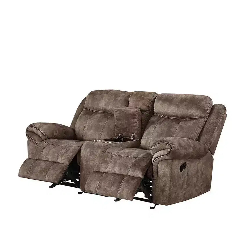 Causeuse inclinable en velours bicolore chocolat avec console, 2 places