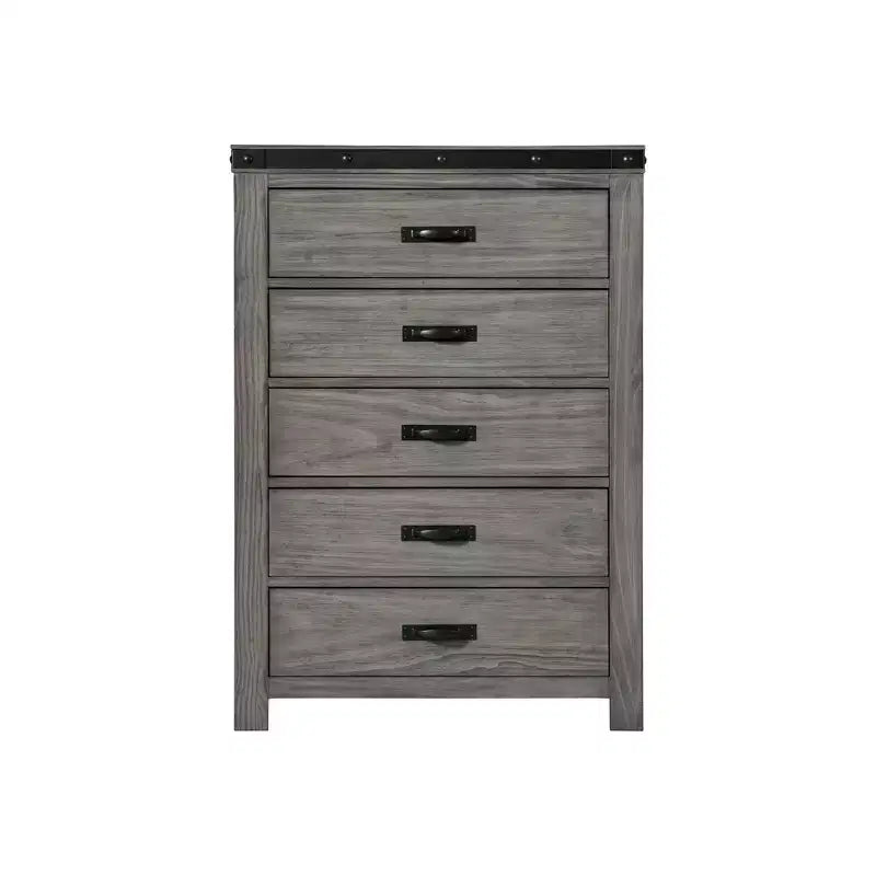 Commode à 5 tiroirs en placage de bois gris avec poignées métalliques, 1 personne