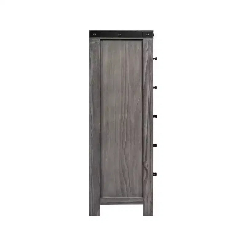 Commode à 5 tiroirs en placage de bois gris avec poignées métalliques, 1 personne