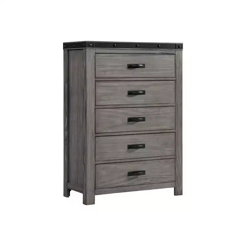 Commode à 5 tiroirs en placage de bois gris avec poignées métalliques, 1 personne