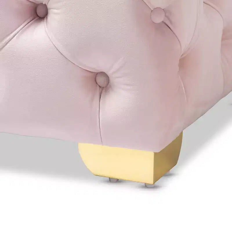 Ottoman carré capitonné en velours rose, pieds en acier inoxydable doré, 1 personne