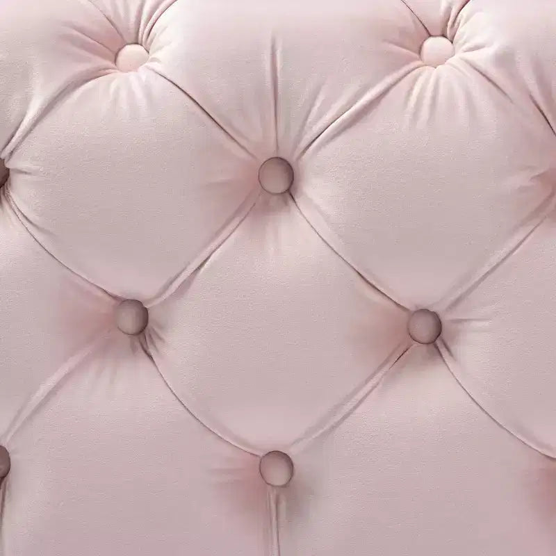 Ottoman carré capitonné en velours rose, pieds en acier inoxydable doré, 1 personne