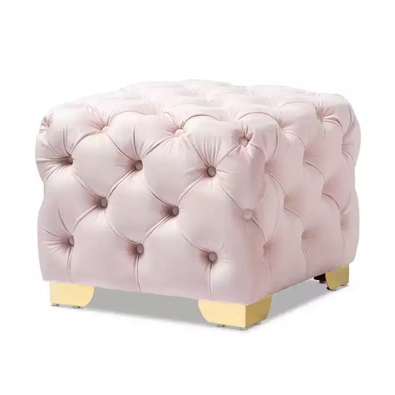 Ottoman carré capitonné en velours rose, pieds en acier inoxydable doré, 1 personne