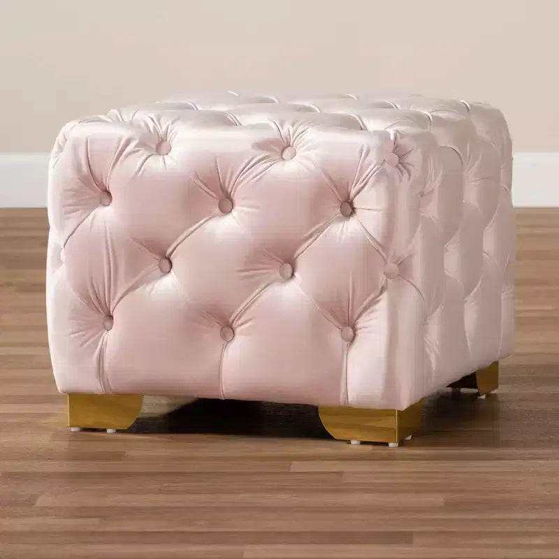 Ottoman carré capitonné en velours rose, pieds en acier inoxydable doré, 1 personne