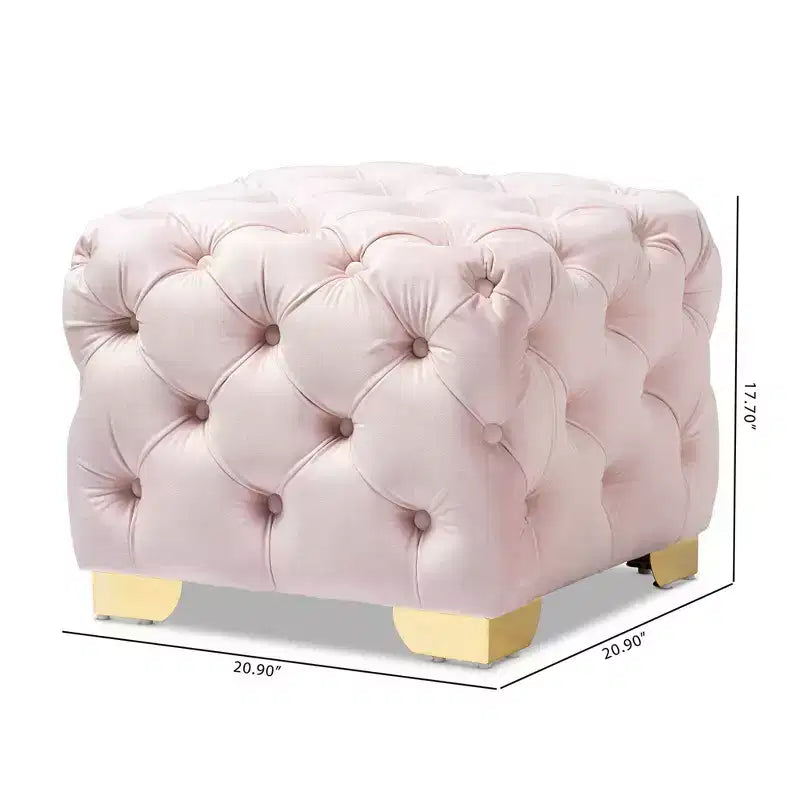 Ottoman carré capitonné en velours rose, pieds en acier inoxydable doré, 1 personne