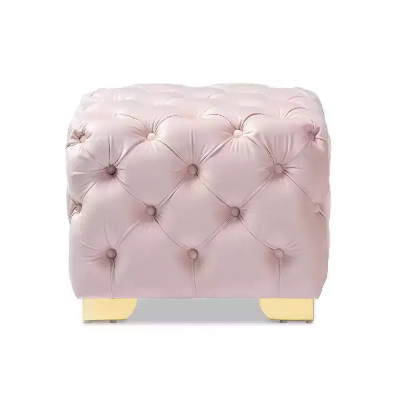 Ottoman carré capitonné en velours rose, pieds en acier inoxydable doré, 1 personne