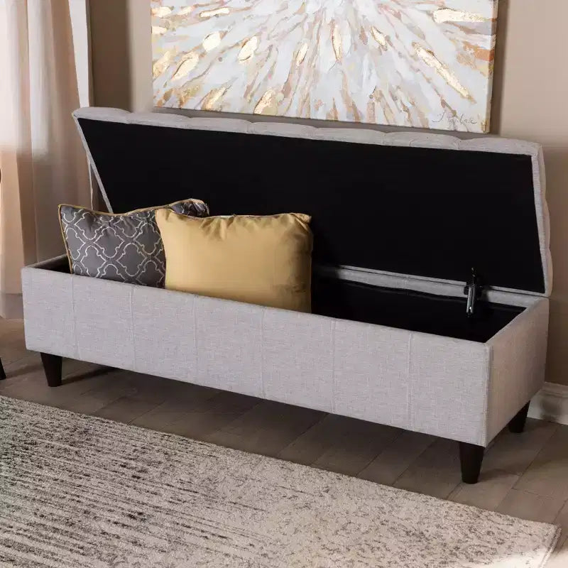 Banc de rangement ottoman capitonné beige grisâtre, cadre en bois d'hévéa, 1 personne