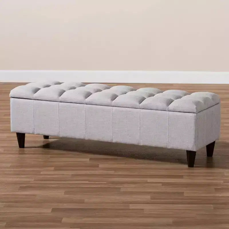Banc de rangement ottoman capitonné beige grisâtre, cadre en bois d'hévéa, 1 personne