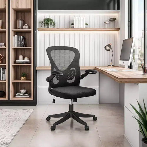 Chaise de bureau pivotante en maille noire avec accoudoirs relevables, réglable en hauteur, 1 personne