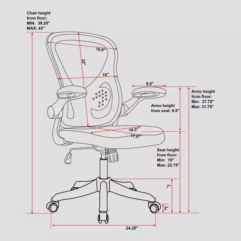 Chaise de bureau pivotante en maille noire avec accoudoirs relevables, réglable en hauteur, 1 personne