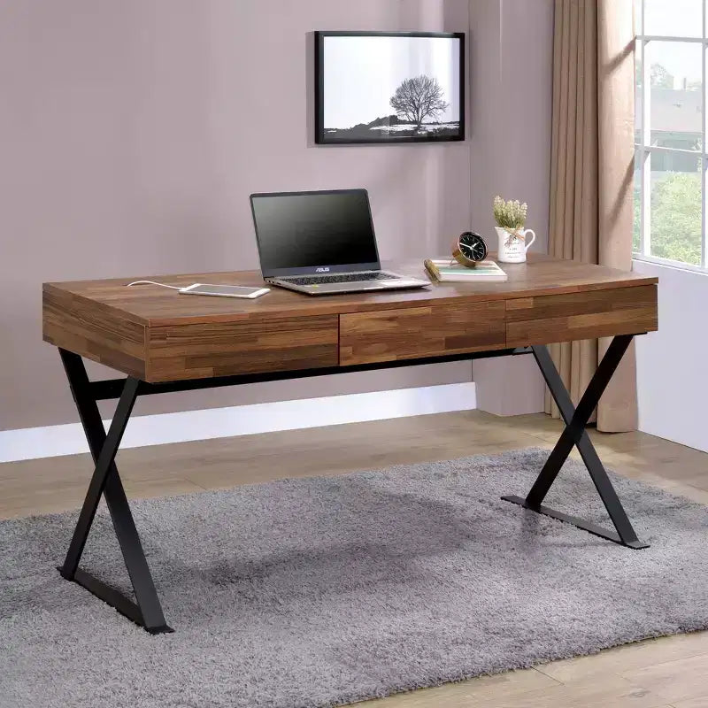 Bureau informatique industriel beige et noir, cadre en X en acier, 3 tiroirs et port USB, 150 cm, 1 personne