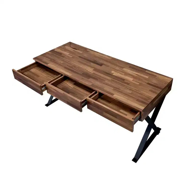 Bureau informatique industriel beige et noir, cadre en X en acier, 3 tiroirs et port USB, 150 cm, 1 personne