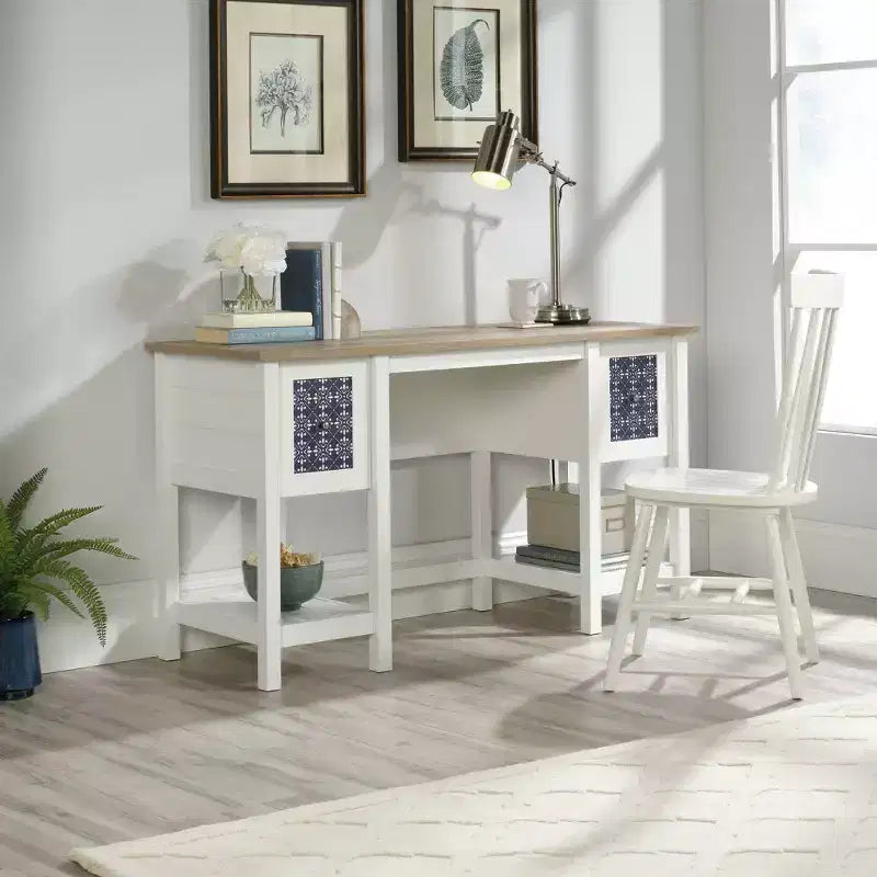Bureau en bois composite blanc doux avec 2 tiroirs et 2 étagères, 1 personne