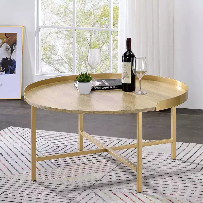 Table basse ronde beige et or – Piétement croisé
