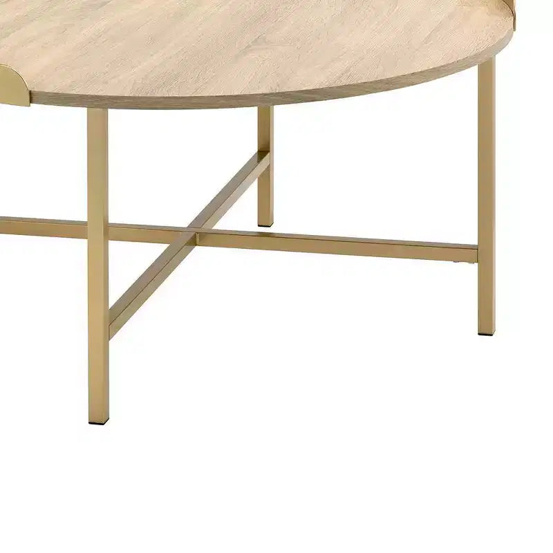 Table basse ronde beige et or – Piétement croisé
