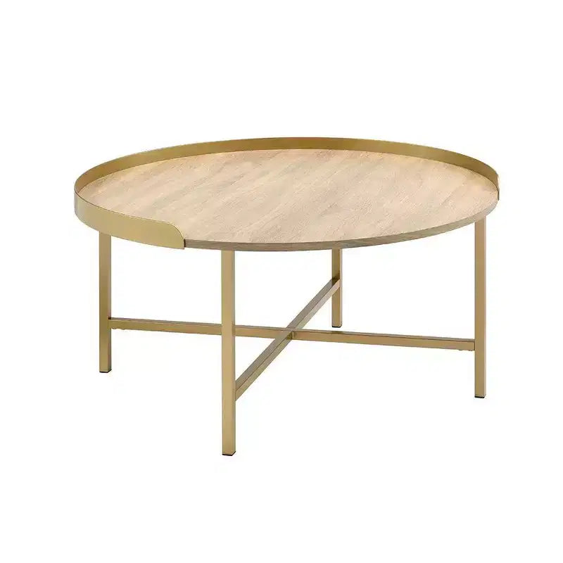 Table basse ronde beige et or – Piétement croisé