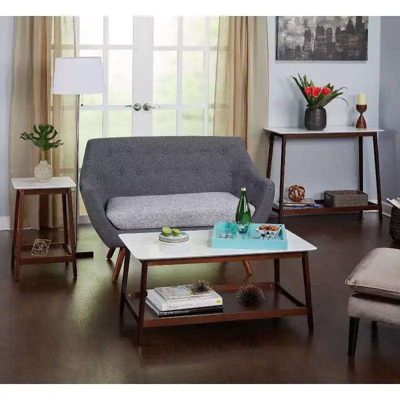 Console de style mid-century noyer et blanc, simple