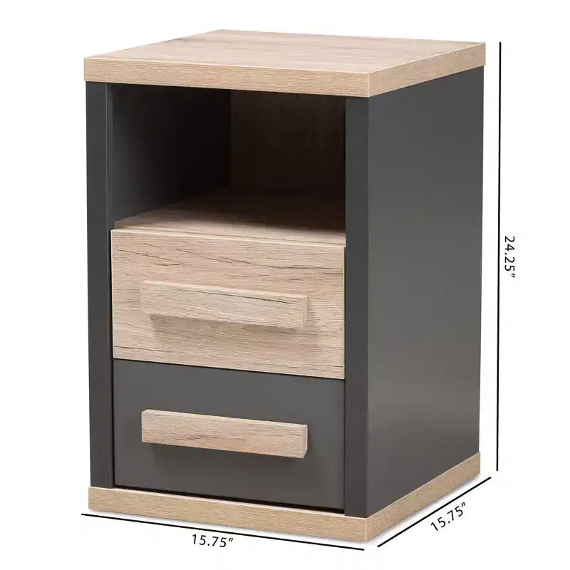 Table de chevet à 2 tiroirs bicolore gris foncé et chêne (assemblage par 1 personne)