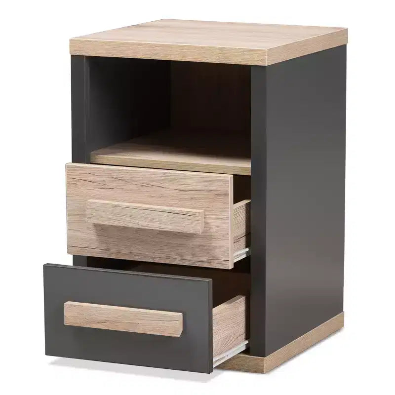 Table de chevet à 2 tiroirs bicolore gris foncé et chêne (assemblage par 1 personne)