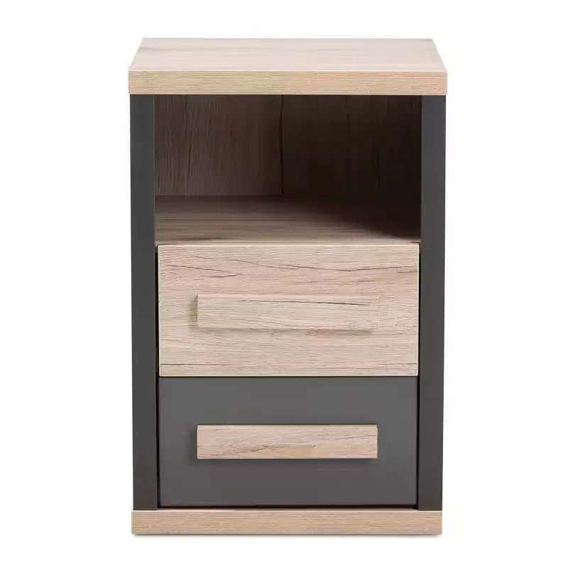 Table de chevet à 2 tiroirs bicolore gris foncé et chêne (assemblage par 1 personne)