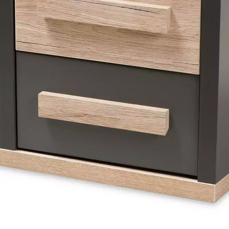 Table de chevet à 2 tiroirs bicolore gris foncé et chêne (assemblage par 1 personne)