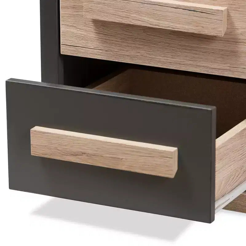 Table de chevet à 2 tiroirs bicolore gris foncé et chêne (assemblage par 1 personne)